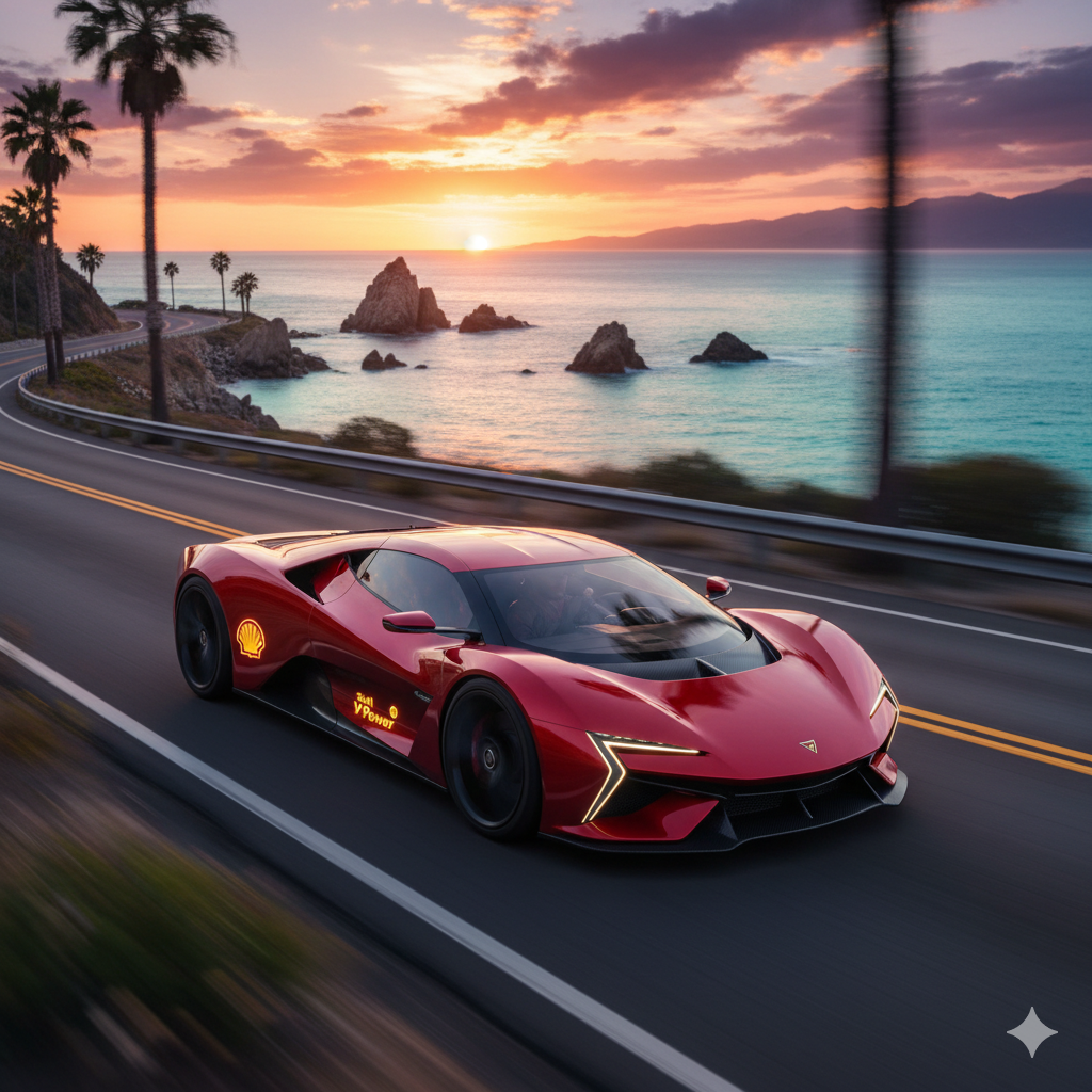 Coche deportivo en carretera con Shell V-Power