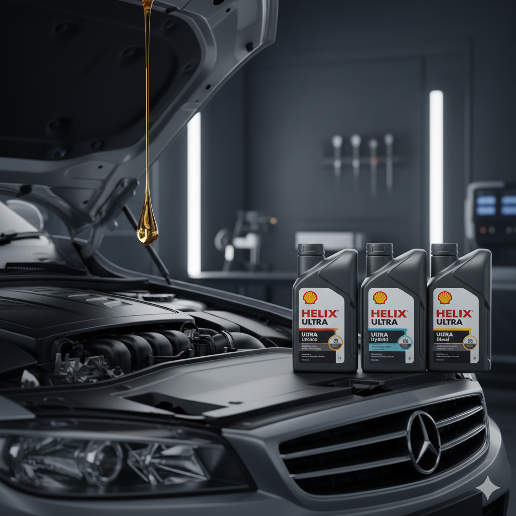 Envases de Shell Helix junto a motor